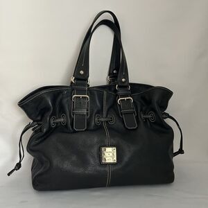 Dooney & Bourke Pebbled Leather Drawstring Tote Satchel Black Contrast Stitch